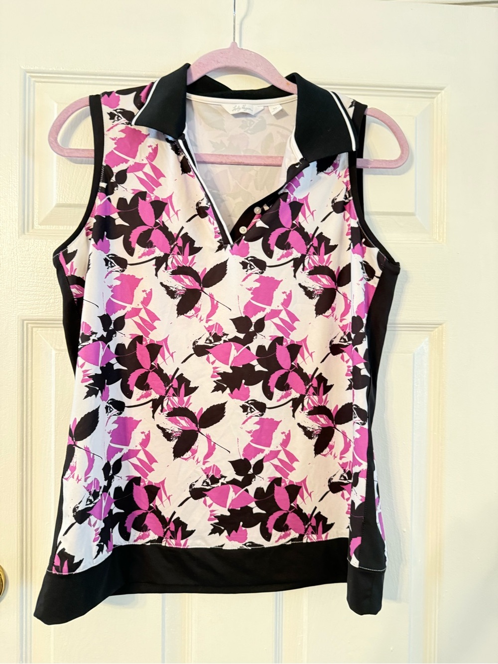 Lady Hagen Pink and Black Floral Polo Tank